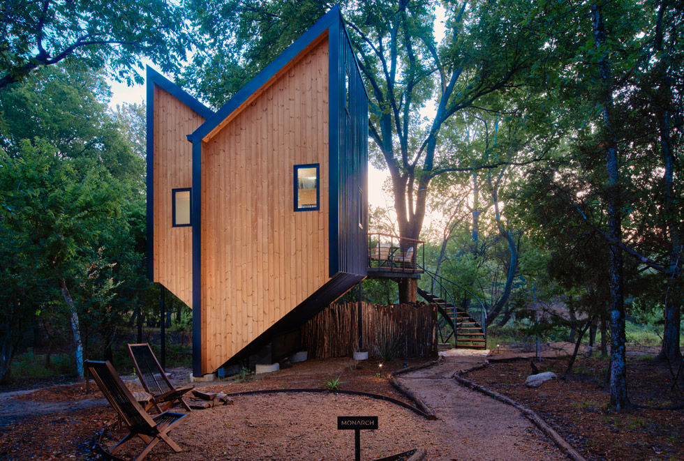 Monarch Treehouse at Onera Fredericksburg, a premium luxury camping asset in Fredericksburg, Texas.