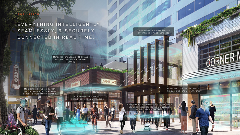 Artist's rendering of a walkable mixed-use area in under-construction National Landing.