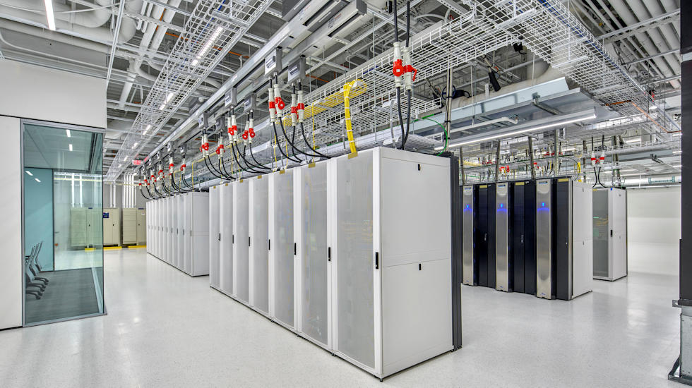 Interior view of a DigitalBridge server farm.