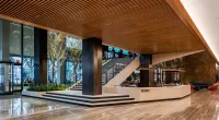 The PENN 1 lobby stairs connect the main entrance to tenant amenities on levels two and three.