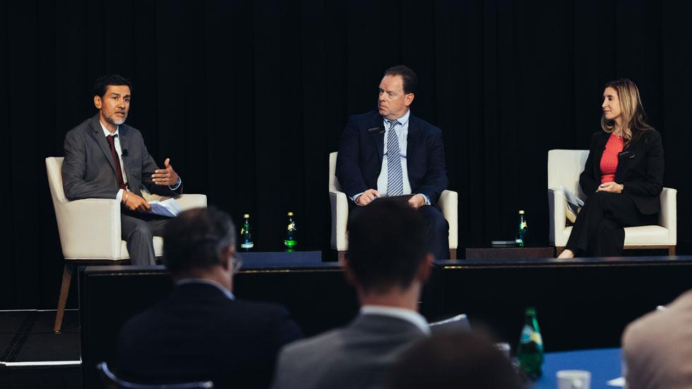 Pictured (L to R): Joti Rana, head of governance and policy, Americas, LSEG; Ronald Bohlert, director – real estate, NYSE (moderator); and Alexa Marymor, senior manager, NYSE. Photo credit: Maria Wurtz