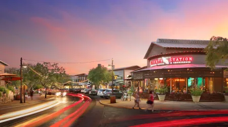 Open Air shopping center at dusk.