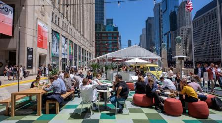 People outside eating in Chicago