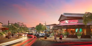 Open Air shopping center at dusk.